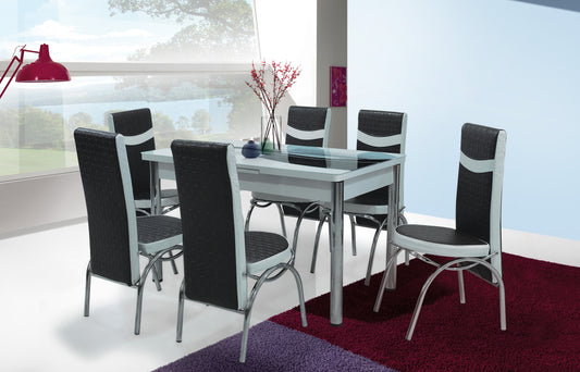 Black Wave Table Extendable Dining Table with Tempered Glass Top & Metal Legs +6 Leather Upholstered Chairs