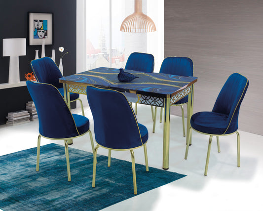 Blue Gold Extendable Dining Table with Tempered Glass Top & Metal Legs +6 Upholstered Chairs