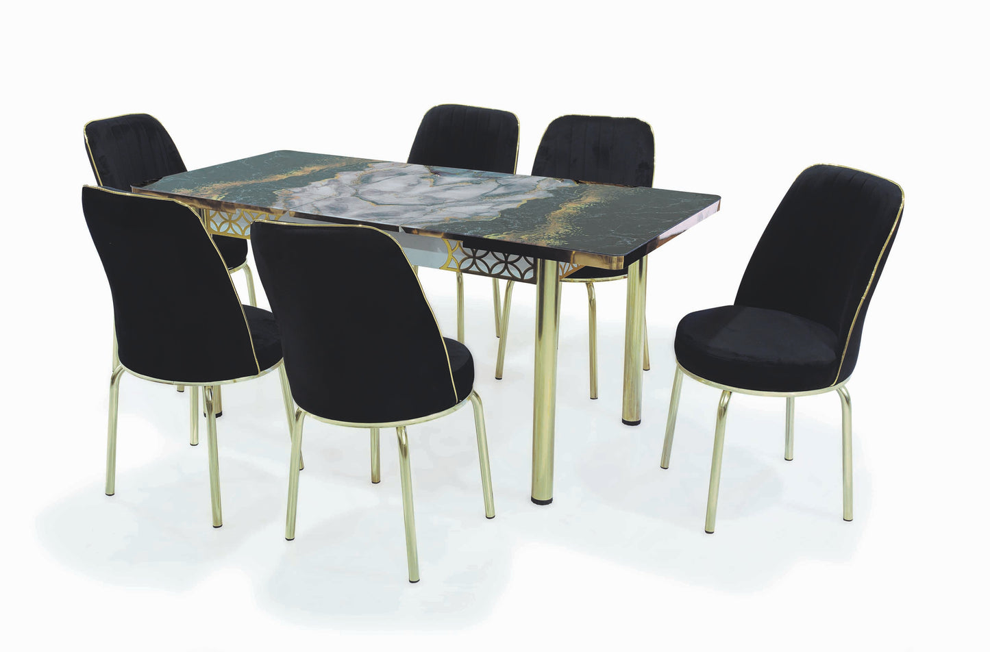 Black Extendable Dining Table with Tempered Glass Top & Metal Legs +6 Upholstered Chairs