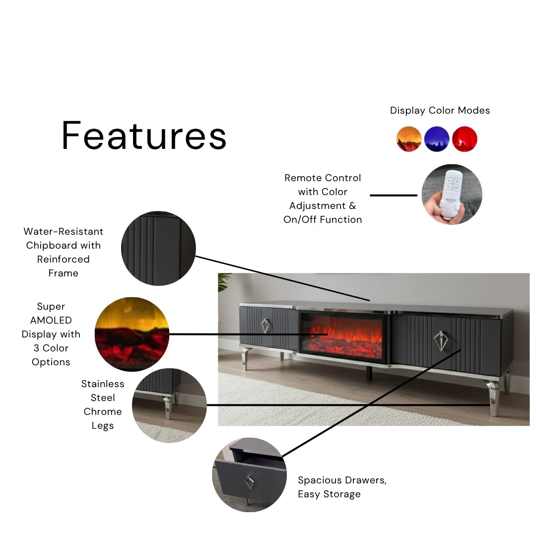 Remote Controlled Flame Effect TV Unit - Gray/Silver