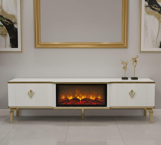 Remote Controlled Flame Effect TV Unit - White/Gold