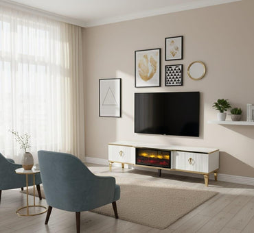 Remote Controlled Flame Effect TV Unit - White/Gold