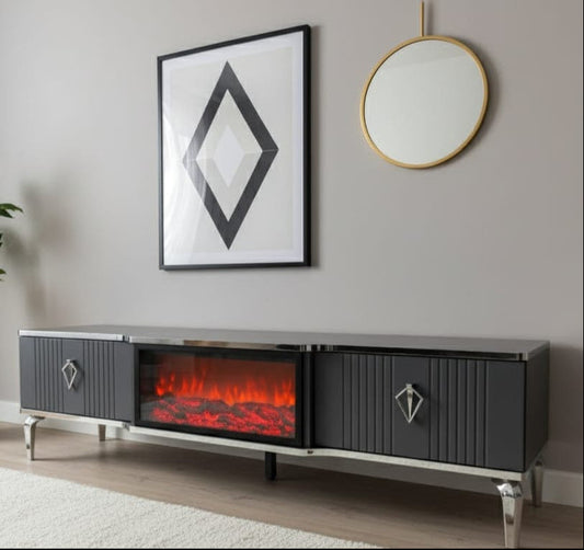 Remote Controlled Flame Effect TV Unit - Gray/Silver