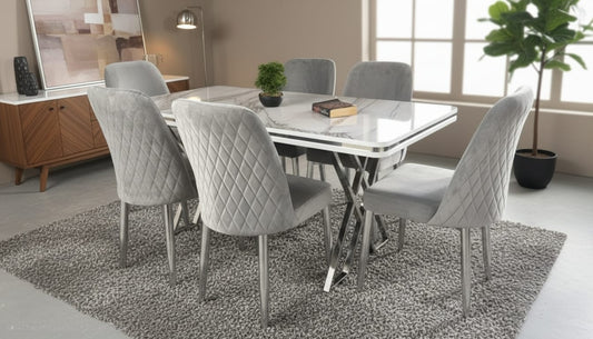 Lux Marble Effect Wooden Modern Metal Legs Dining Table Set 6 Chairs