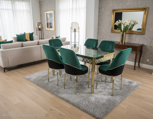 Green Gold Effect Dining Table and 6 Chairs