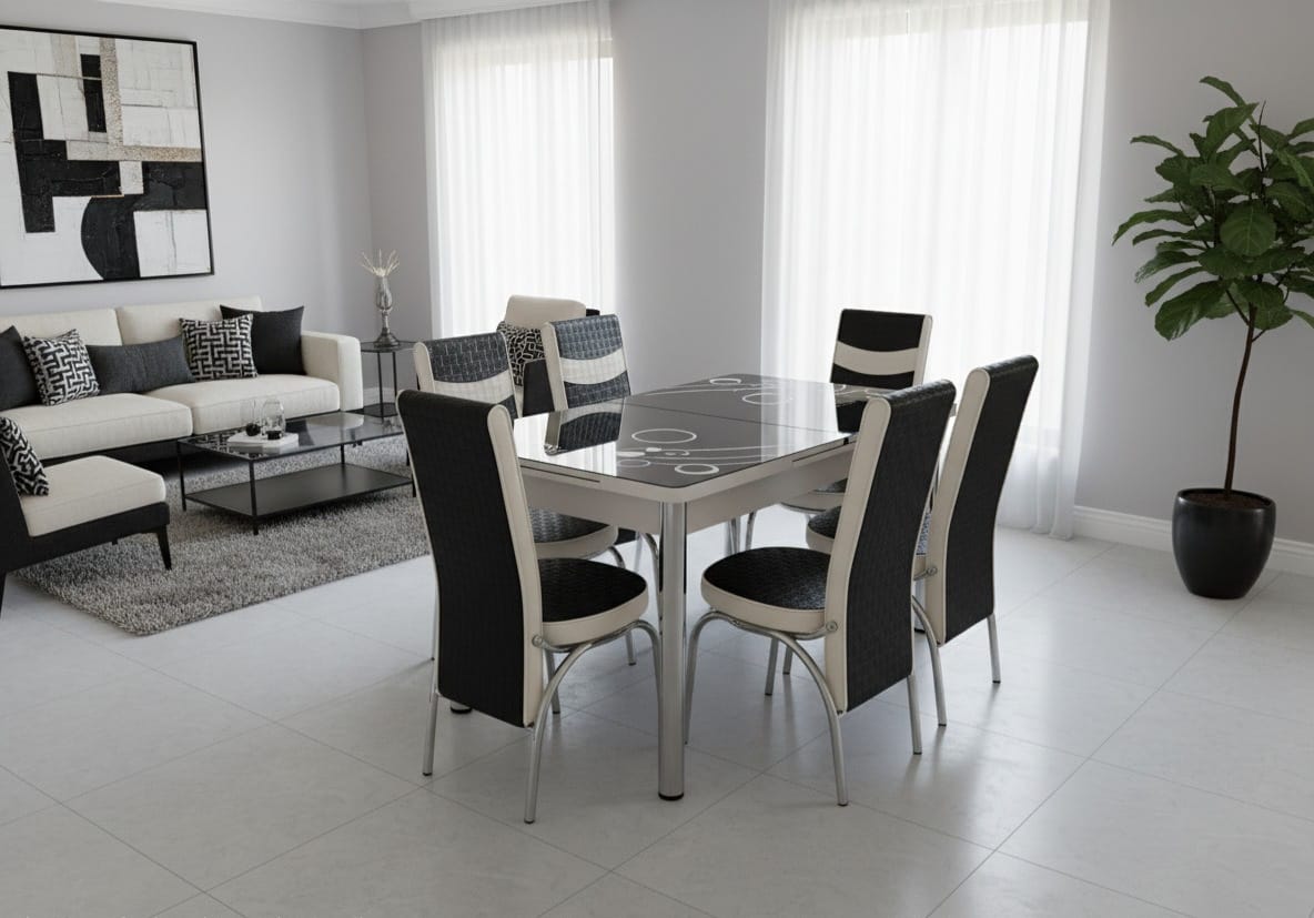 Black White Bubble Effect Dining Table and 6 Leather Chairs