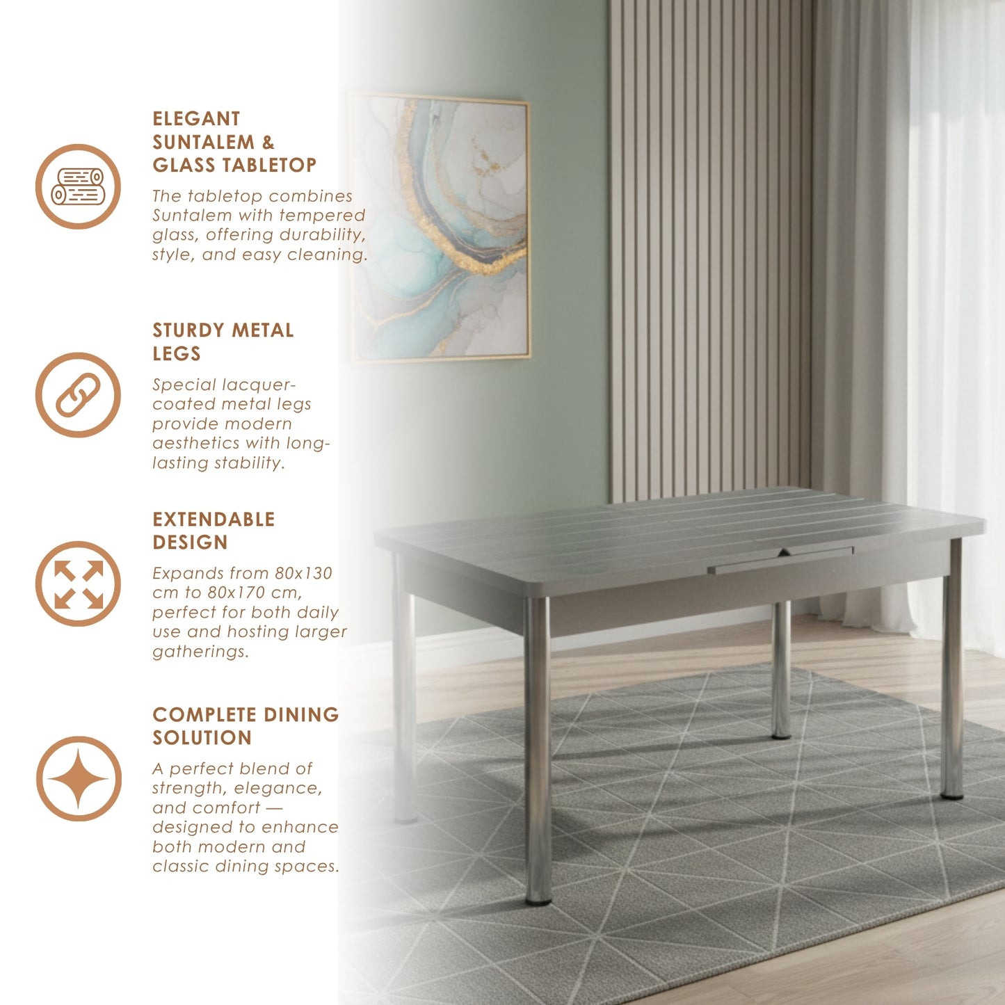 Gray Wooden Effect Dining Table with Tempered Glass Top & Metal Legs +6 Leather Upholstered Chairs