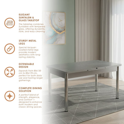 Gray Wooden Effect Dining Table with Tempered Glass Top & Metal Legs +6 Leather Upholstered Chairs