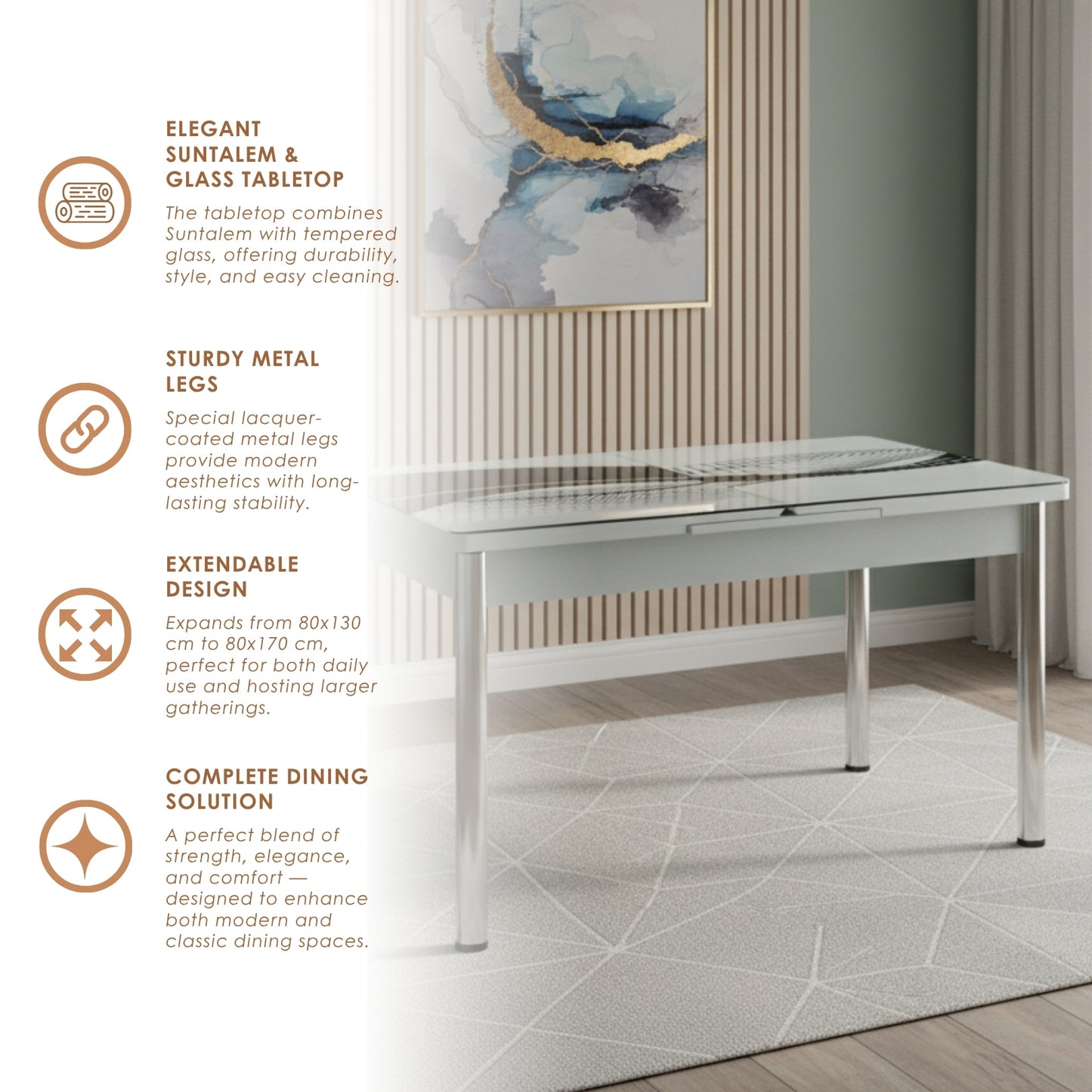 Black Wave Table Extendable Dining Table with Tempered Glass Top & Metal Legs +6 Leather Upholstered Chairs