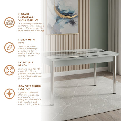 Black Wave Table Extendable Dining Table with Tempered Glass Top & Metal Legs +6 Leather Upholstered Chairs