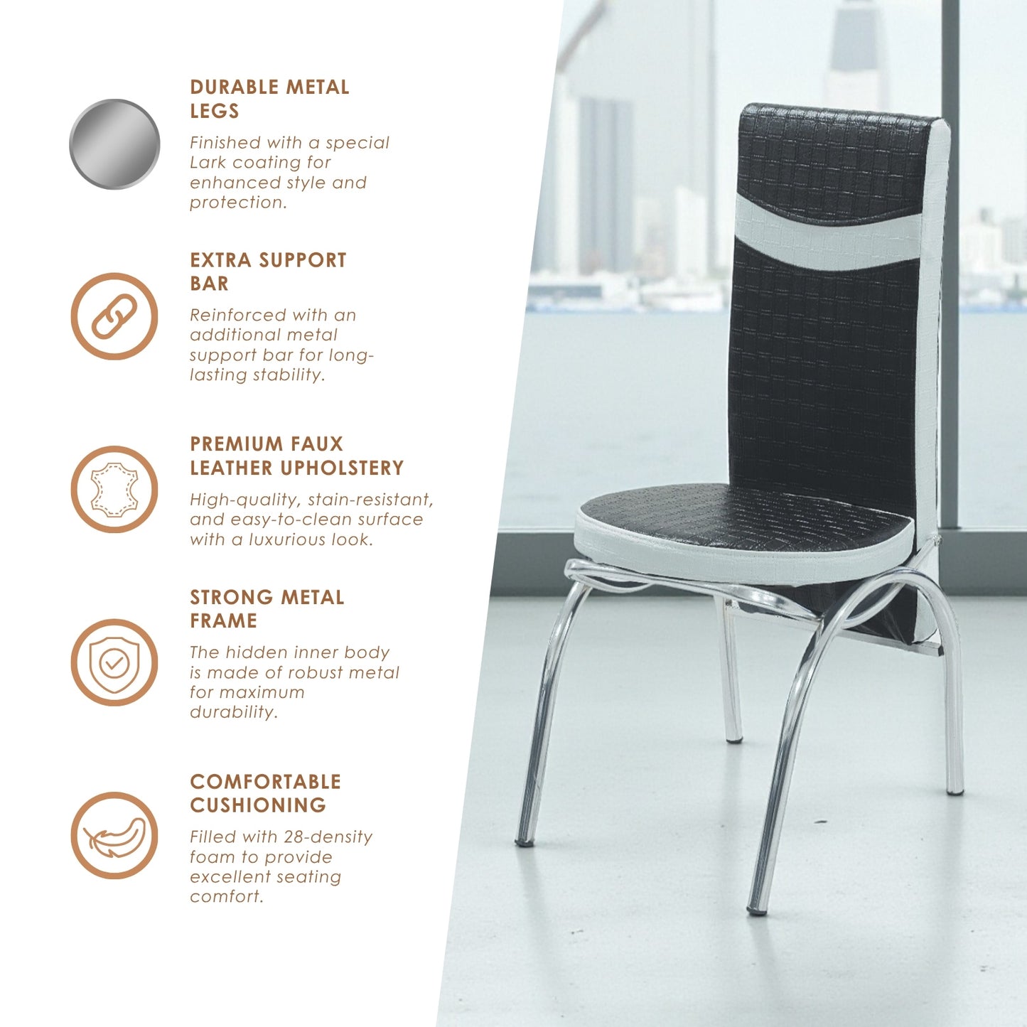 Black Wave Table Extendable Dining Table with Tempered Glass Top & Metal Legs +6 Leather Upholstered Chairs