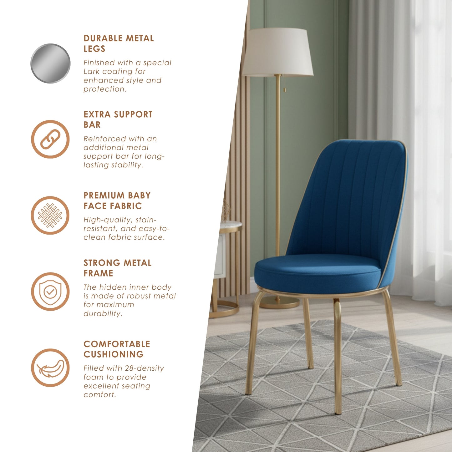 Blue Gold Extendable Dining Table with Tempered Glass Top & Metal Legs +6 Upholstered Chairs