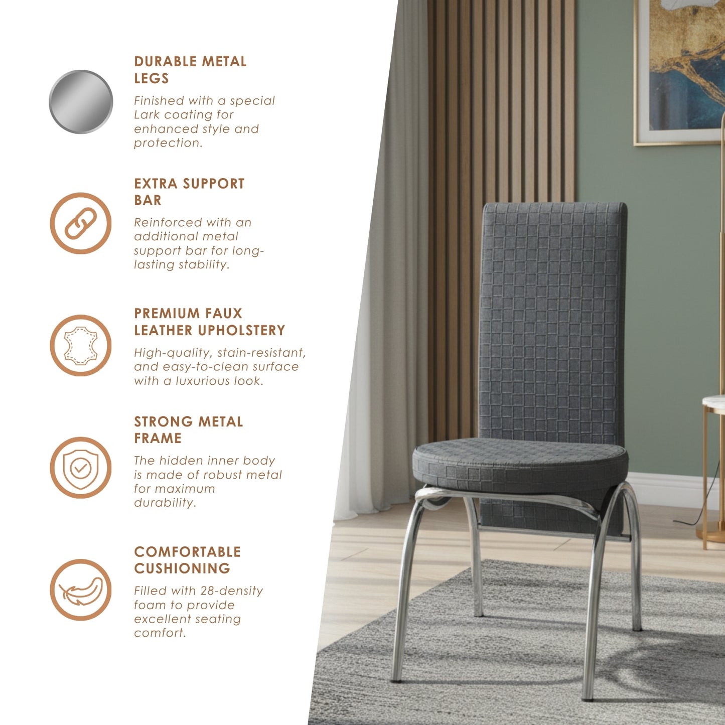 Gray Wooden Effect Dining Table with Tempered Glass Top & Metal Legs +6 Leather Upholstered Chairs