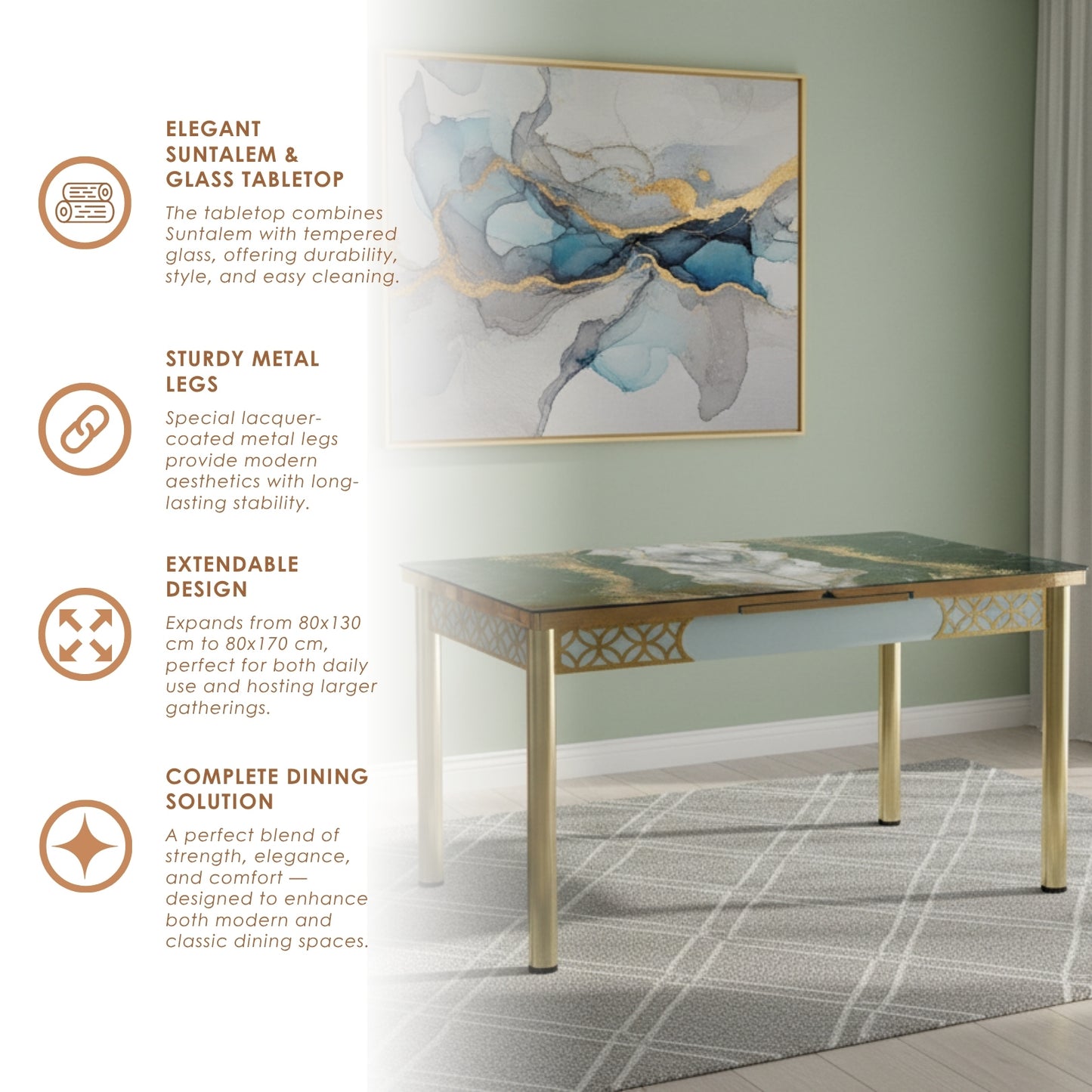 Gray Extendable Dining Table with Tempered Glass Top & Metal Legs +6 Upholstered Chairs