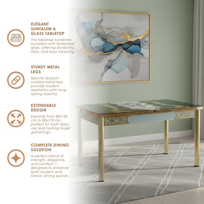 Gray Extendable Dining Table with Tempered Glass Top & Metal Legs +6 Upholstered Chairs