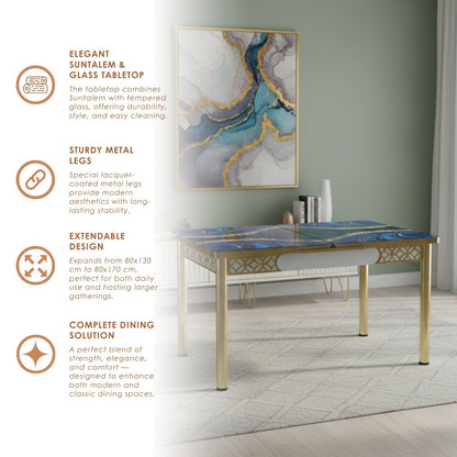 Blue Gold Extendable Dining Table with Tempered Glass Top & Metal Legs +6 Upholstered Chairs