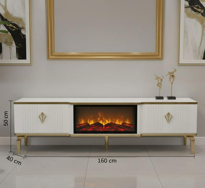 Remote Controlled Flame Effect TV Unit - White/Gold