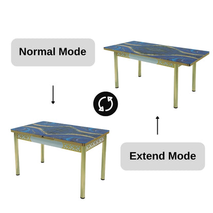 Blue Gold Extendable Dining Table with Tempered Glass Top & Metal Legs +6 Upholstered Chairs