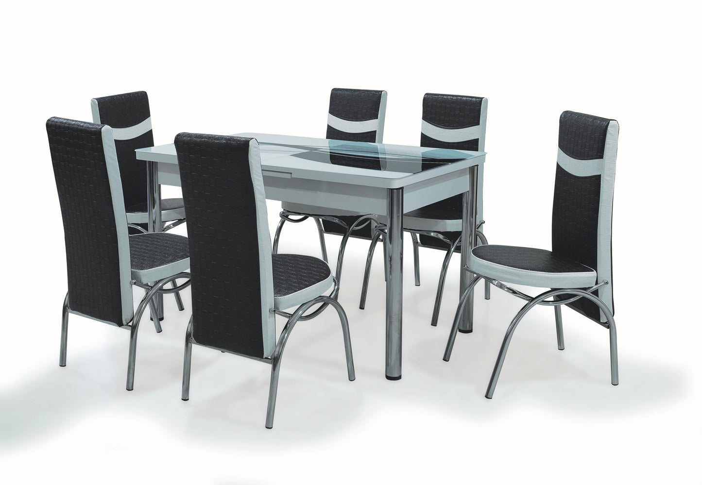 Black Wave Table Extendable Dining Table with Tempered Glass Top & Metal Legs +6 Leather Upholstered Chairs
