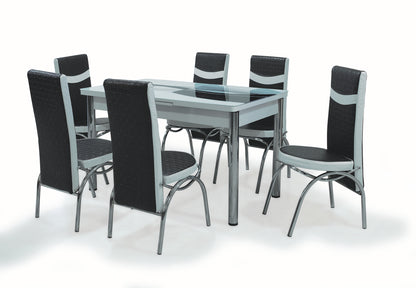 Black Wave Table Extendable Dining Table with Tempered Glass Top & Metal Legs +6 Leather Upholstered Chairs