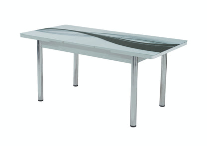 Black Wave Table Extendable Dining Table with Tempered Glass Top & Metal Legs +6 Leather Upholstered Chairs