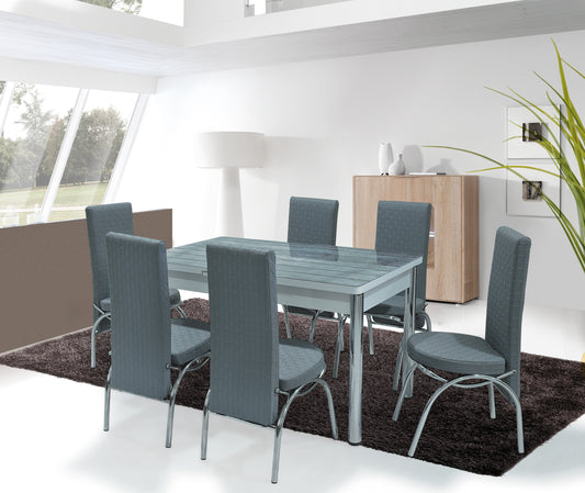 Gray Wooden Effect Dining Table with Tempered Glass Top & Metal Legs +6 Leather Upholstered Chairs