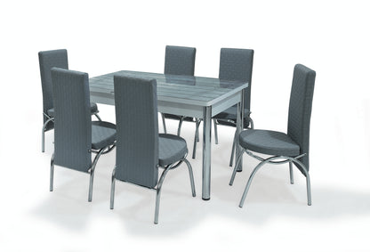 Gray Wooden Effect Dining Table with Tempered Glass Top & Metal Legs +6 Leather Upholstered Chairs