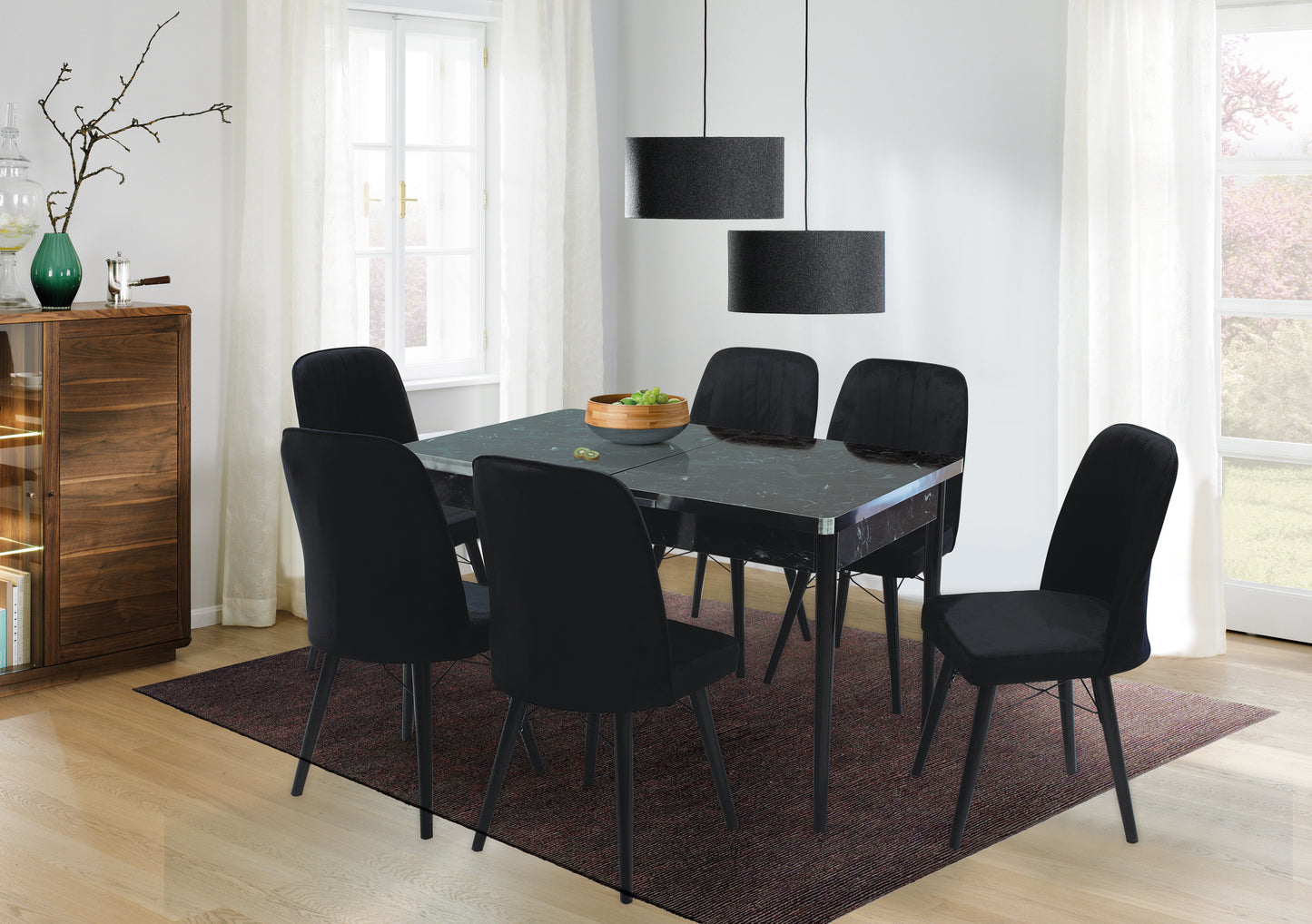 Black Wooden  Extendable Dining Table and 6 Chairs