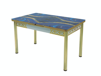 Blue Gold Extendable Dining Table with Tempered Glass Top & Metal Legs +6 Upholstered Chairs