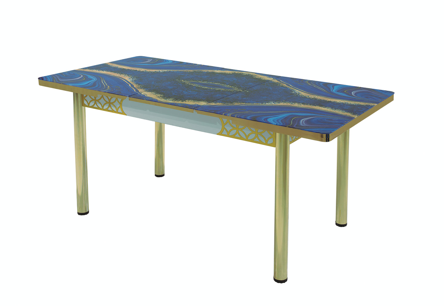 Blue Gold Extendable Dining Table with Tempered Glass Top & Metal Legs +6 Upholstered Chairs