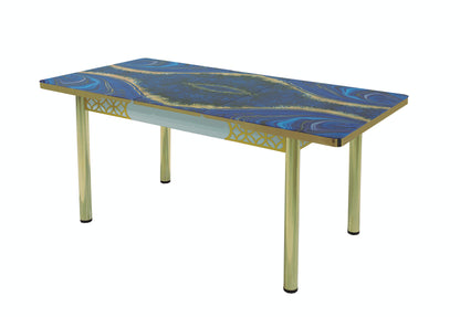 Blue Gold Extendable Dining Table with Tempered Glass Top & Metal Legs +6 Upholstered Chairs