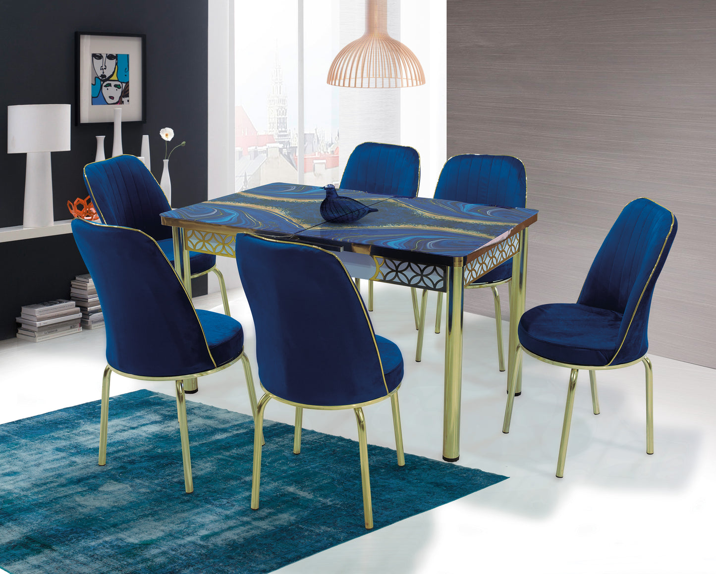 Blue Gold Extendable Dining Table with Tempered Glass Top & Metal Legs +6 Upholstered Chairs
