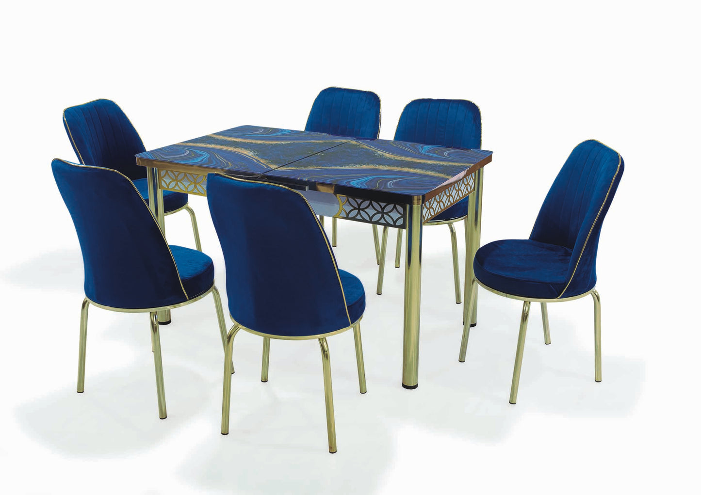 Blue Gold Extendable Dining Table with Tempered Glass Top & Metal Legs +6 Upholstered Chairs