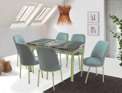 Gray Extendable Dining Table with Tempered Glass Top & Metal Legs +6 Upholstered Chairs