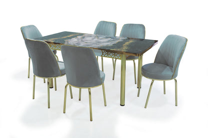 Gray Extendable Dining Table with Tempered Glass Top & Metal Legs +6 Upholstered Chairs