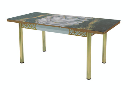 Black Extendable Dining Table with Tempered Glass Top & Metal Legs +6 Upholstered Chairs