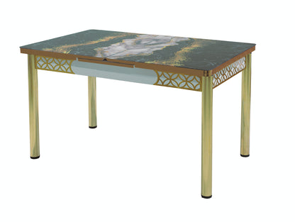 Black Extendable Dining Table with Tempered Glass Top & Metal Legs +6 Upholstered Chairs