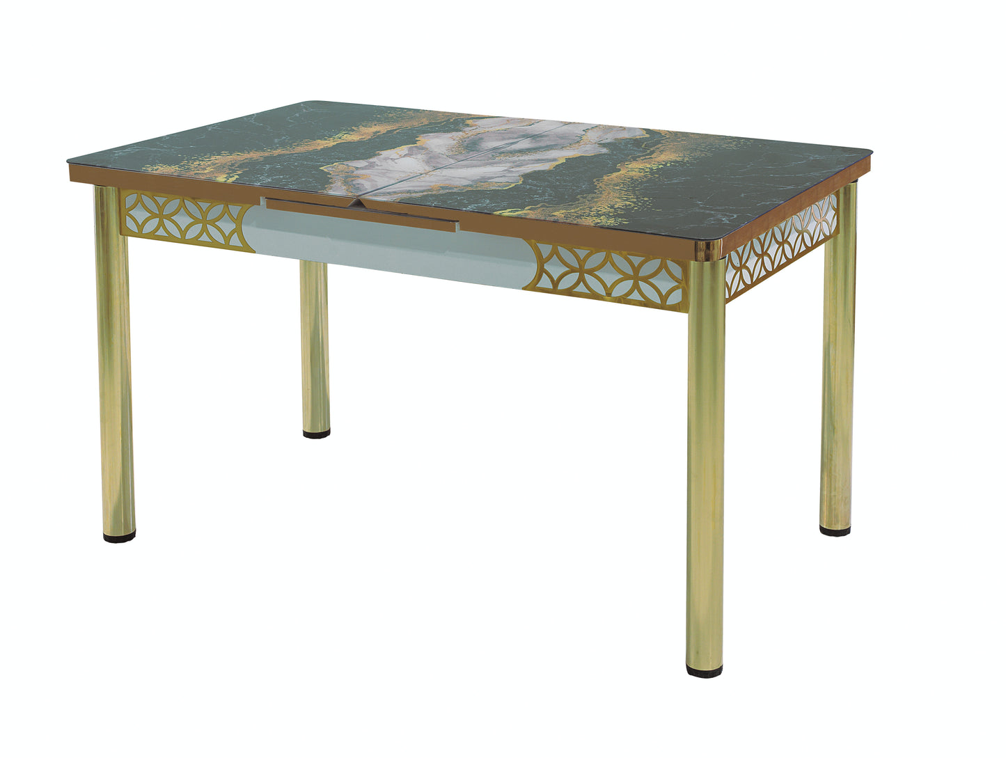 Gray Extendable Dining Table with Tempered Glass Top & Metal Legs +6 Upholstered Chairs