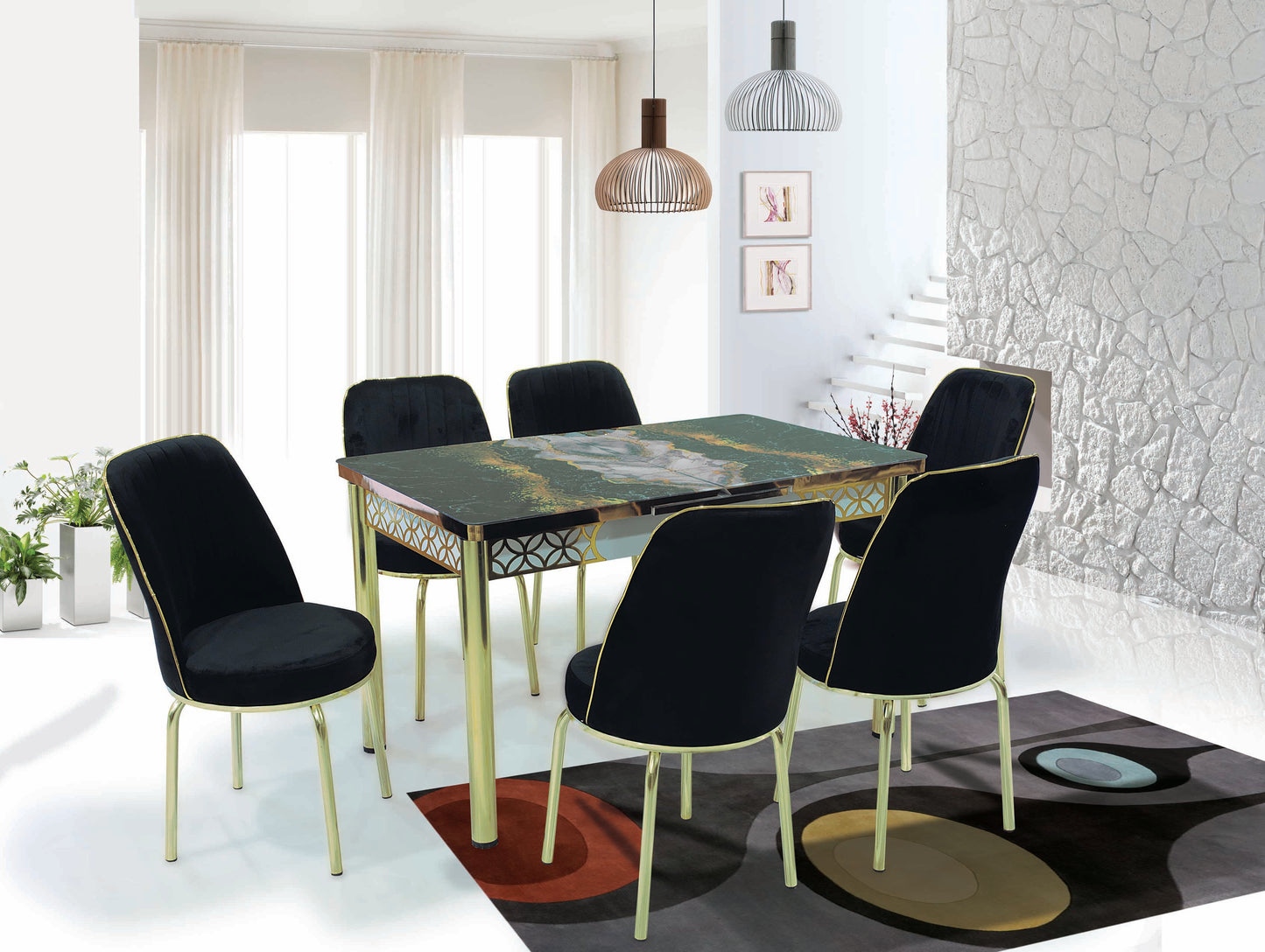 Black Extendable Dining Table with Tempered Glass Top & Metal Legs +6 Upholstered Chairs