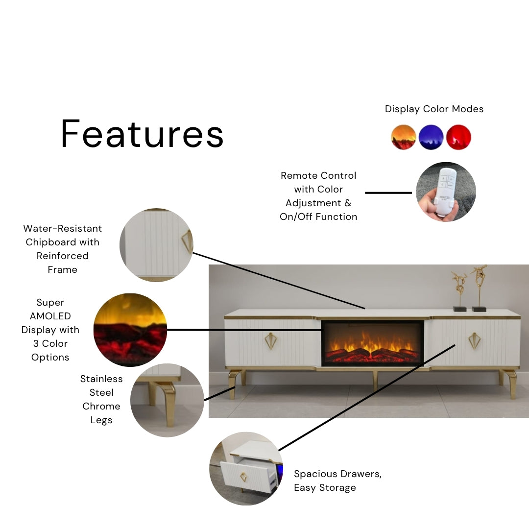 Remote Controlled Flame Effect TV Unit - White/Gold