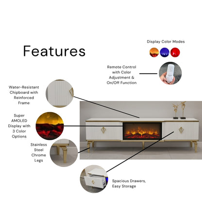Remote Controlled Flame Effect TV Unit - White/Gold