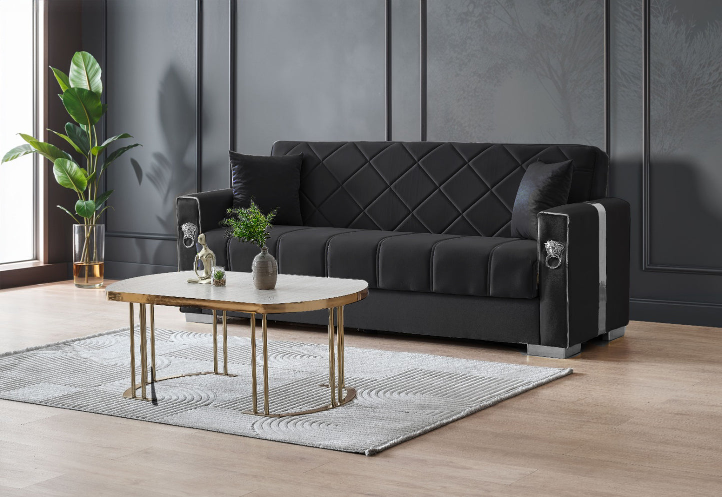 Lion Modern Black Silver 3+2+1 Seater Sofa Bed