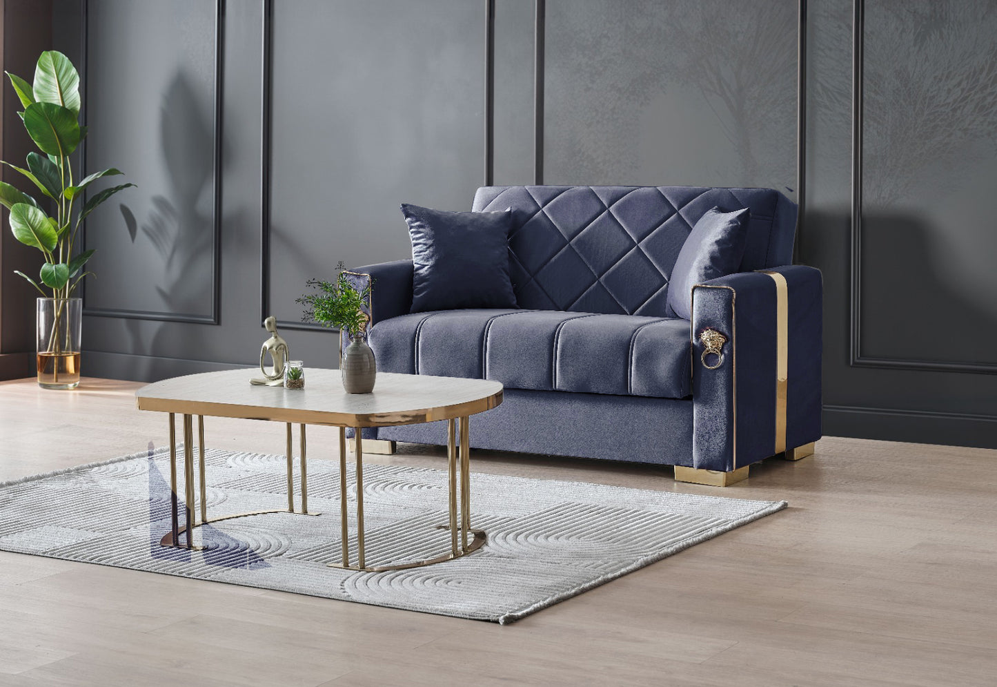 Lion Modern Blue Gold 3+2+1 Seater Sofa Bed