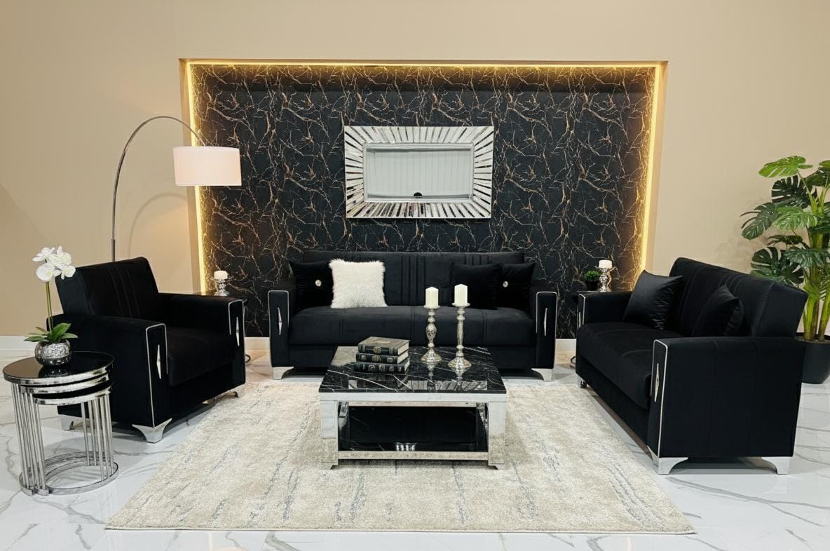 Diamond Elegant Black Silver 3+2+1 Seater Sofa Bed