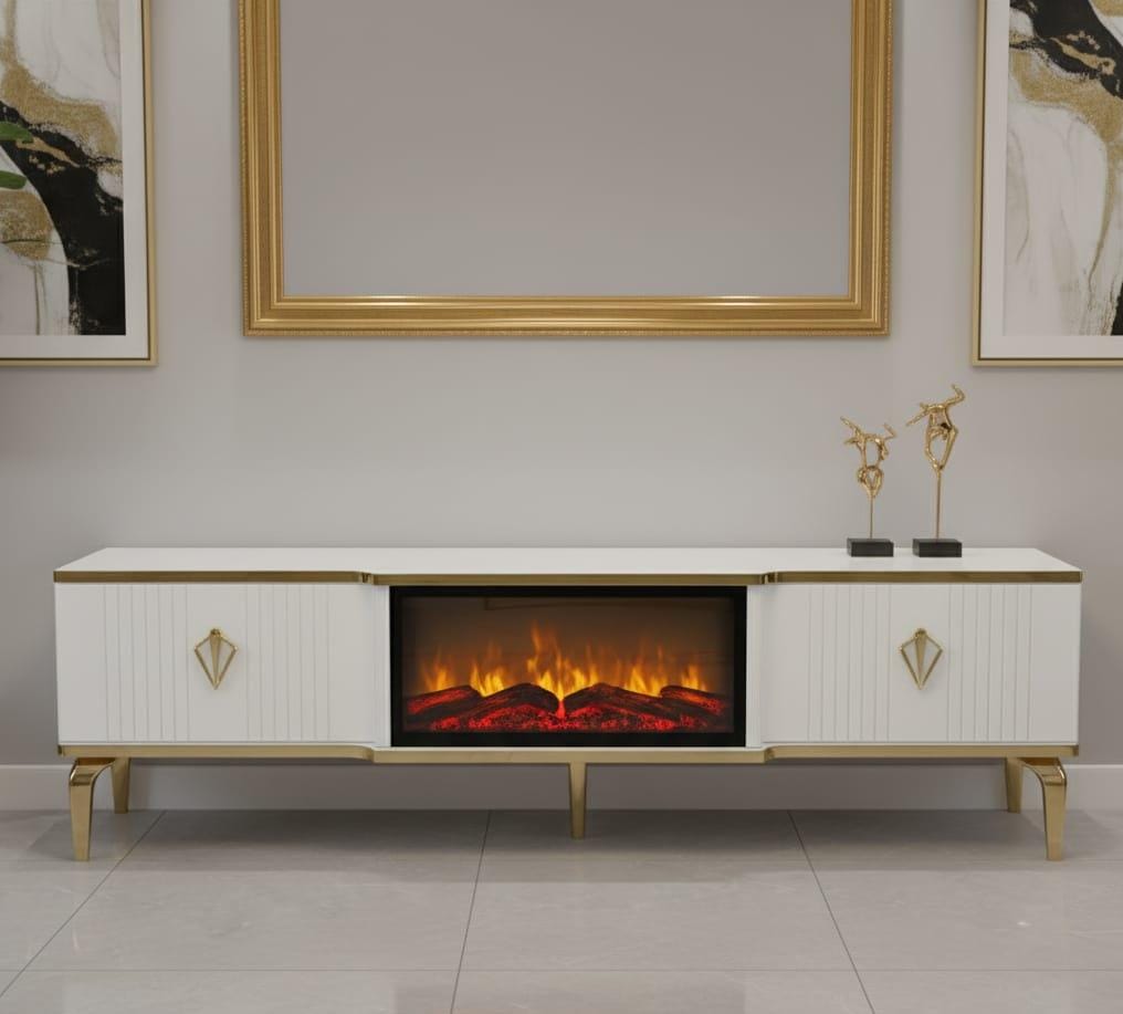 Remote Controlled Flame Effect TV Unit - White/Gold