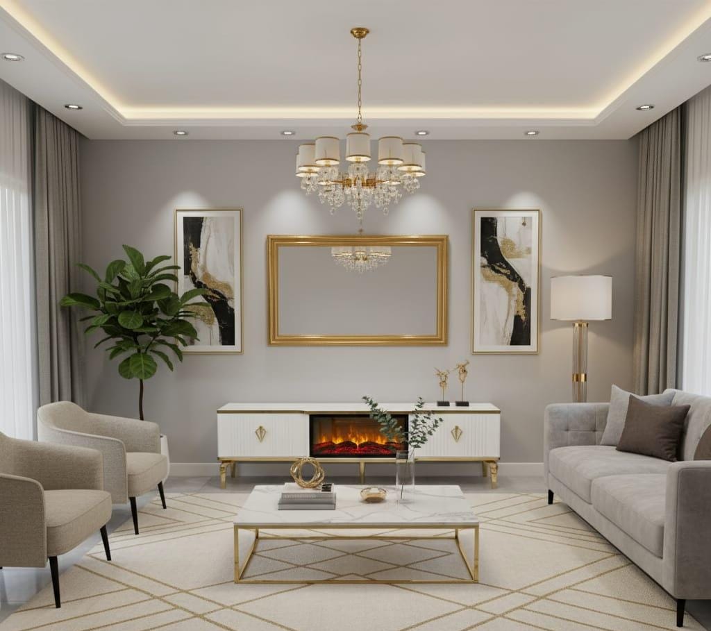 Remote Controlled Flame Effect TV Unit - White/Gold