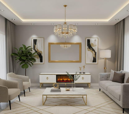 Remote Controlled Flame Effect TV Unit - White/Gold