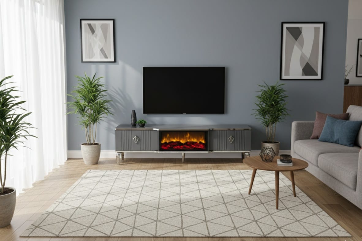 Remote Controlled Flame Effect TV Unit - Gray/Silver