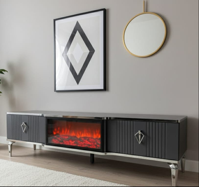 Remote Controlled Flame Effect TV Unit - Gray/Silver
