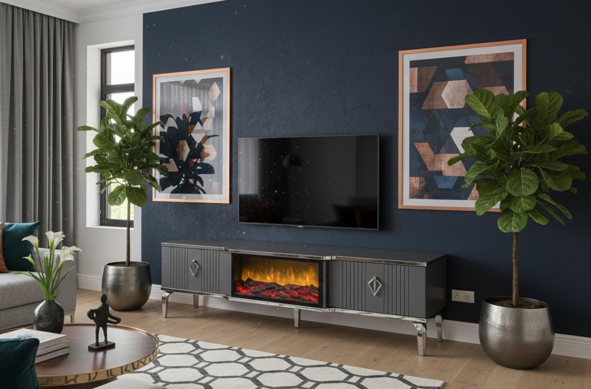 Remote Controlled Flame Effect TV Unit - Gray/Silver